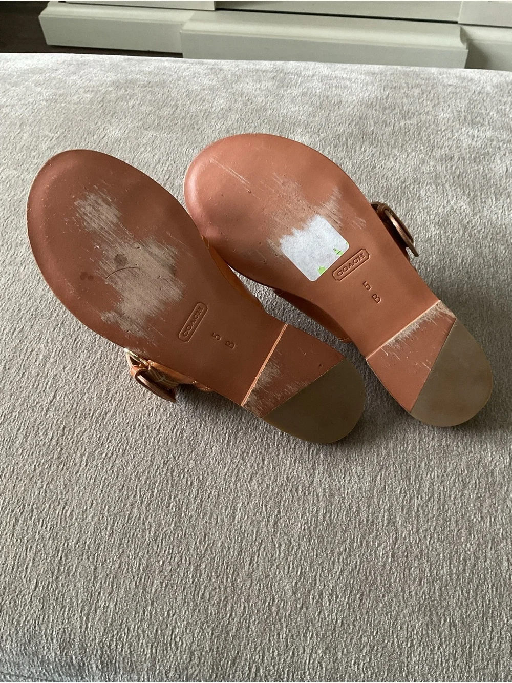 Coach Tan Leather Double-Strap Slide Sandals with Gold Buckle